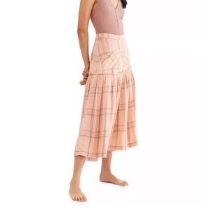 FREE PEOPLE : Peach Plaid Fever Midi Skirt Drop Waist